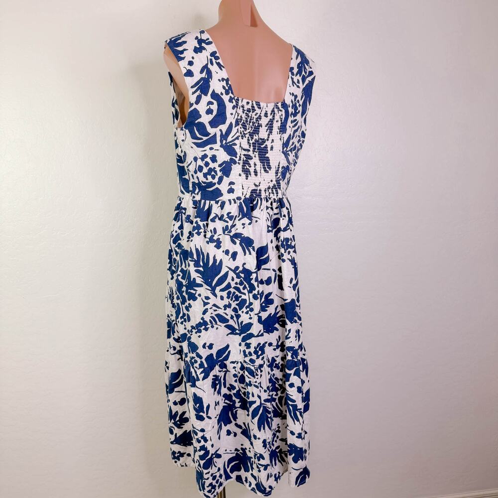 Magaschoni Bold Shadow Fauna Linen Smocked Midi Dress Blue White Size 10 NWT - Picture 7 of 9
